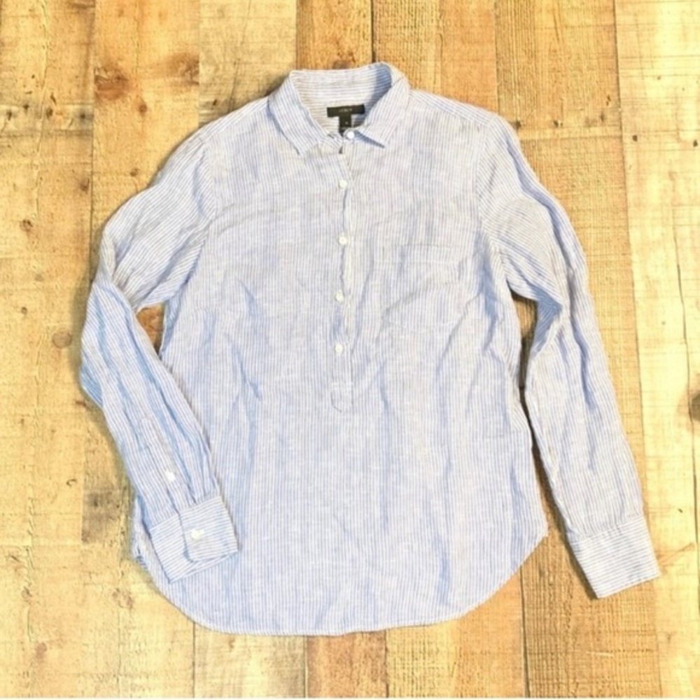 J.Crew Womens‎ Blue White Pinstripe 100% Linen Popover Shirt Style A3578 Size 4